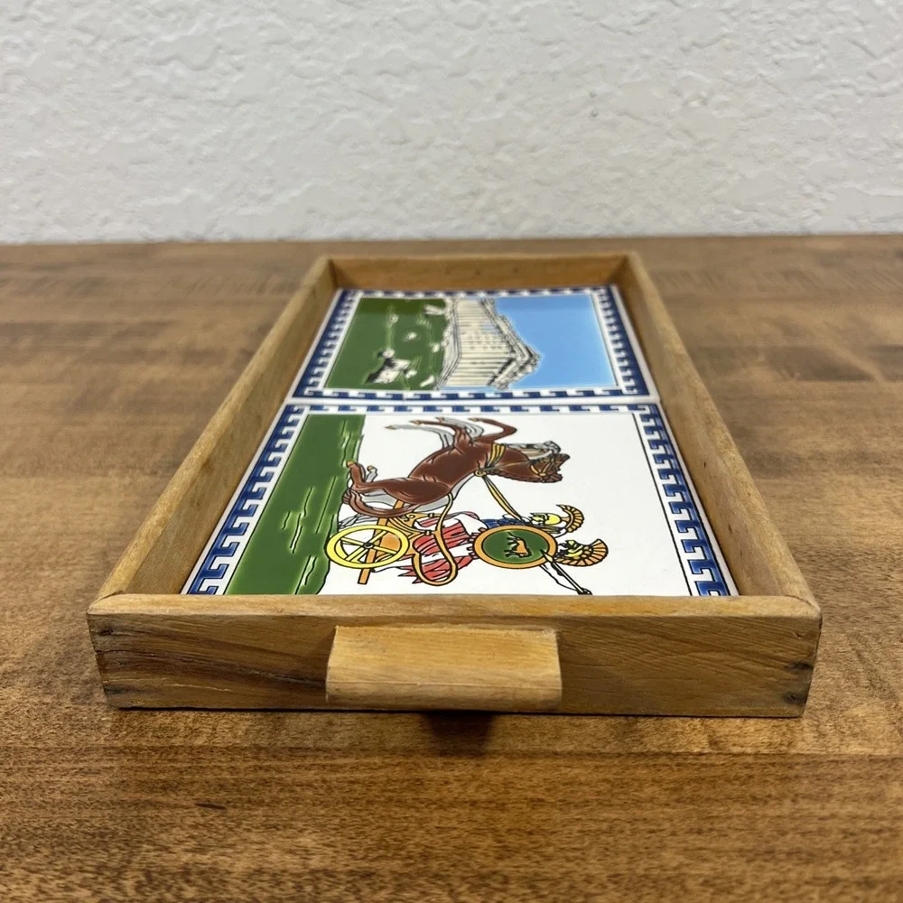 Vintage Greek Ceramic Tile‎ Art Trivet w/ Wood Frame Wooden Tray